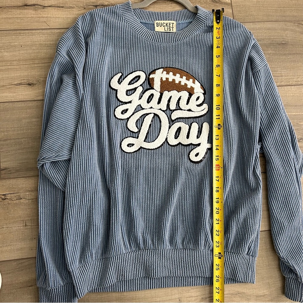 Bucket List Vintage Blue Wash Thermal Game Day Sparkle Football Pullover Sweater - Picture 9 of 9